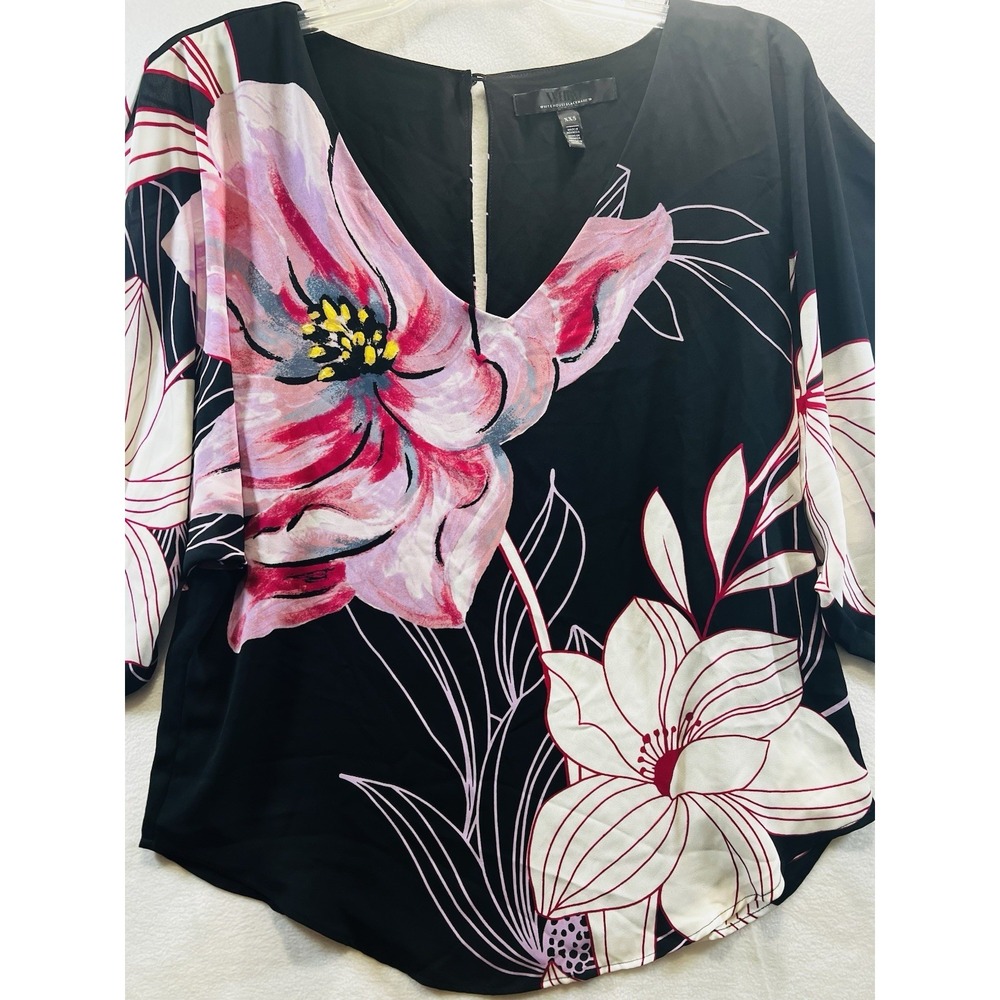 White House Black Market Floral Blouse Womens Size XXS Black Pink Dolman V-Neck - Picture 2 of 9